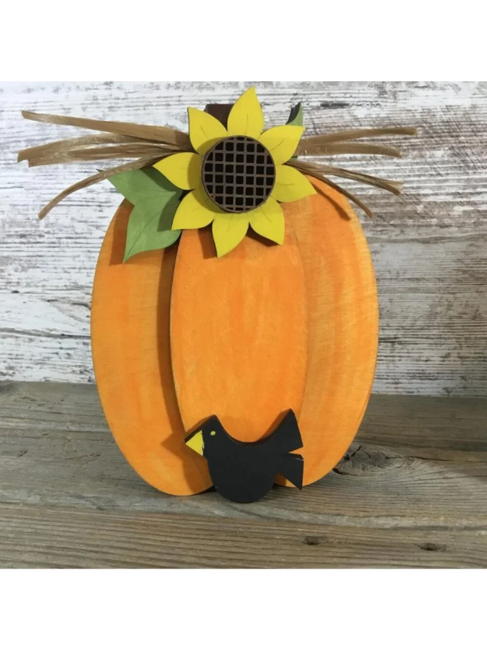 Hand-Painted Wood Pumpkin Set of 2 – Sunflowers, Black Bird, Fall Decor